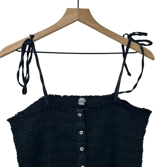 Aerie Women's Size Large Black Smocked Ribbed Midi Tie Strap Button Down Dress - Picture 14 of 16